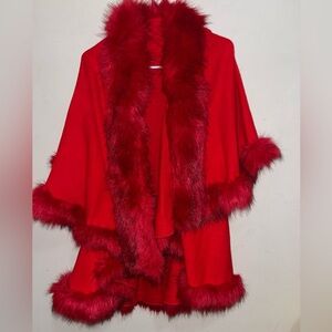 Beautiful Red Sweater Shawl Jacket with Faux Fur